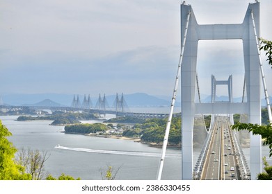 The Great Seto Bridge or Seto Ohashi Bridge (瀬戸大橋, Seto Ōhashi) is a series of double deck bridges connecting Okayama and Kagawa prefectures in Japan. The sunset view of bridge is very beautiful. 
