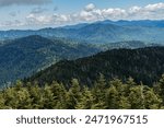 Great Smokey Mountains National Park, Tennessee, USA - May 29, 2024: Nature Landscape of the Smokey Mountains called Smokies and dramatic clouds and trees. The most visited park in USA. 