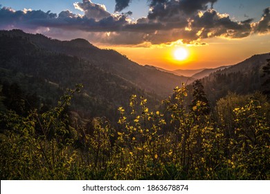 Great Smoky Mountain Sunrise. Sunrise Over The Smoky Mountains At The Newfound Gap Overlook In The Great Smoky Mountains National Park On The Border Of Tennessee And North Carolina. 