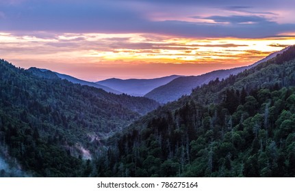 Great Smoky Mountain Sunset Background. Great Smoky Mountain Sunset Panorama Over The Many Layers And Ridges Of The Beautiful Appalachian Mountains Of Tennessee.
