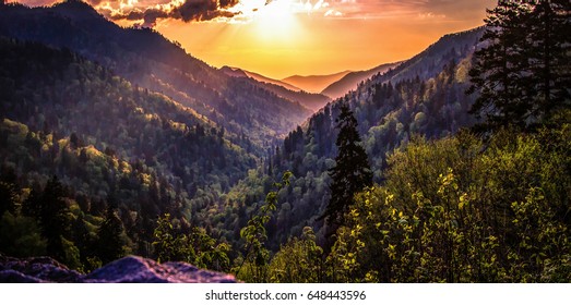 Great Smoky Mountain Sunset Landscape Panorama. Sunset horizon over the Great Smoky Mountains from Morton overlook on the Newfound Gap Road in Gatlinburg, Tennessee.  - Shutterstock ID 648443596