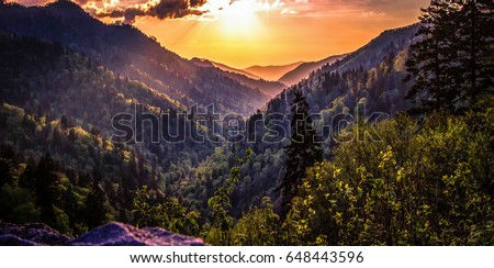 Great Smoky Mountain Sunset Landscape Panorama. Sunset horizon over the Great Smoky Mountains from Morton overlook on the Newfound Gap Road in Gatlinburg, Tennessee. 