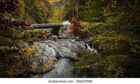 Great Smoky Mountains Autumn Road Trip. Bridge Over The Roadside Sinks Waterfall On Little River Road In The Great Smoky Mountains National Park. Gatlinburg, Tennessee.