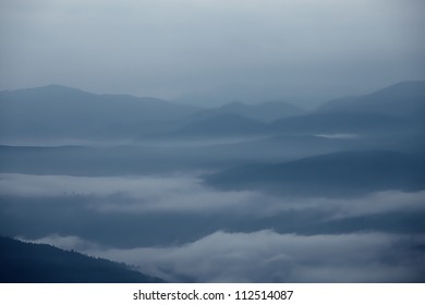 Great Smoky Mountains Foggy Silhouette At Night, North Carolina, USA