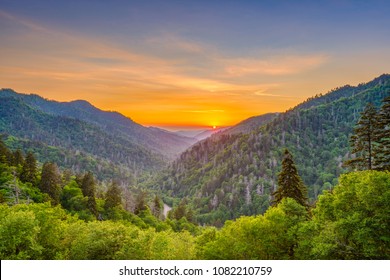 Great Smoky Mountains National Park, Tennessee, USA Sunset Landscape Over Newfound Gap.