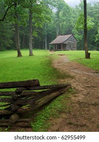 Great Smoky Mountains National Park, Old Cabin In Cades Cove In Spring