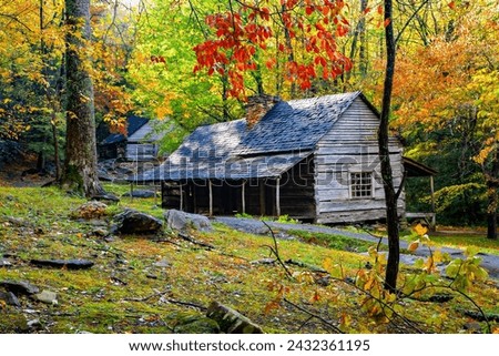 Great Smoky Mountains National Park, Tennessee - a historic log home and barn in a hardwood forest in the autumn season