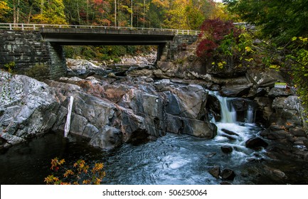 Great Smoky Mountains Road Trip. Bridge Over The Roadside Sinks Waterfall On Little River Road In The Great Smoky Mountains National Park. Gatlinburg, Tennessee. 