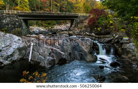 Great Smoky Mountains Road Trip. Bridge over the roadside Sinks waterfall on Little River Road in the Great Smoky Mountains National Park. Gatlinburg, Tennessee. 