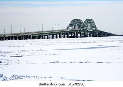 The Great South Bay Is Frozen Under The Robert Mosses Bridges Off Of Long Island