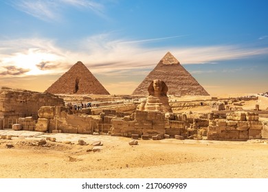 The Great Sphinx by the Pyramids of Egypt, sunset view, Giza 