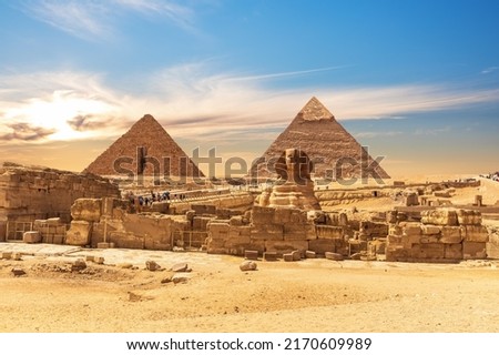 The Great Sphinx by the Pyramids of Egypt, sunset view, Giza 