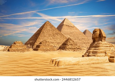 The Great Sphinx bythe Pyramids of Egypt and its companions in the sands of Giza desert, Egypt