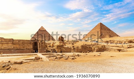 The Great Sphinx and the Egypt Pyramid Complex at sunset, Giza