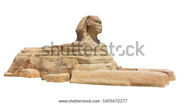 The Great Sphinx of Giza isolated on white\
background. Greater Cairo,\
Egypt.