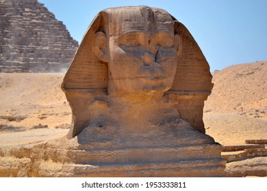 The Great Sphinx of Giza, a large statue in the form of an animal with a human head, detail of the head, Cairo, Egypt