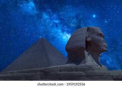 The Great Sphinx and Khafre Pyramid in Giza against night sky with stars and Milky way in Giza, Cairo, Egypt. - Powered by Shutterstock