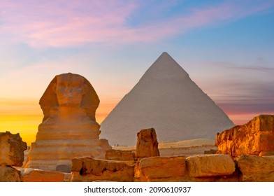 Great Sphynx Of Giza And Pyramid Of Cheops At Sunset, Egypt