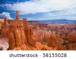 Great spires carved away by erosion in Bryce Canyon National Park, Utah, USA.  The largest spire is called Thor