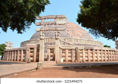 The Great Stupa Flanked By Trees At Sanchi, Near Bhopal, Madhya Pradesh. It Is The Oldest Structure Originally Commissioned By The Emperor Ashoka The Great Of The Maurya Empire In The 3rd Century BC