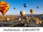 The great tourist attraction of Cappadocia - balloon flight. Cappadocia is known around the world as one of the best places to fly with hot air balloons. Goreme, Cappadocia, Turkey