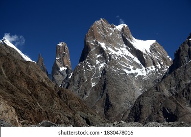 Great Trango Towers Seen From Baltoro Glacier, Their Highest Point Is 6286 Meter High And It Was First Climbed In 1977 By Famous Climber Galen Rowell.