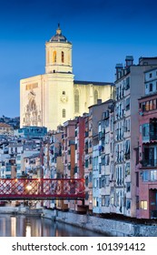 Great twilight in Girona with its Cathedral and its famous Eiffel Bridge.