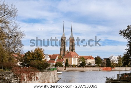 Great view from the city center to the Cathedral Island in the Polish city of Wrocław (Breslau) with the distinctive Cathedral of St. John the Baptist and the Oder River