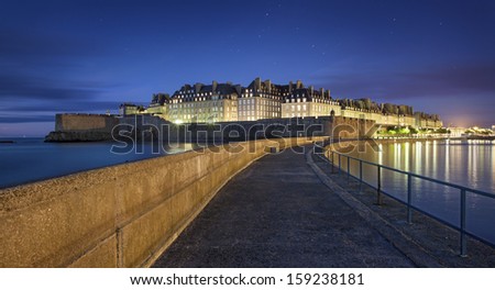 Great view at night of fortificated town Saint-Malo in Britanny - France