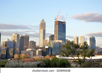 Great View Of Perth Financial District At Sunset