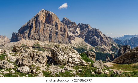 Great view of the top Tofana di Rozes and Cinque Torri range in Dolomites, South Tyrol. Location Cortina d'Ampezzo, Italy, Europe.  Beauty of mountains world. - Shutterstock ID 2248862797