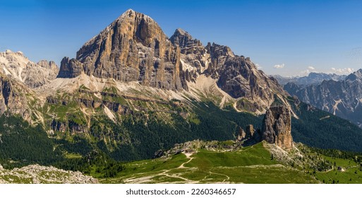 Great view of the top Tofana di Rozes and Cinque Torri range in Dolomites, South Tyrol. Location Cortina d'Ampezzo, Italy, Europe.  Beauty of mountains world. - Shutterstock ID 2260346657