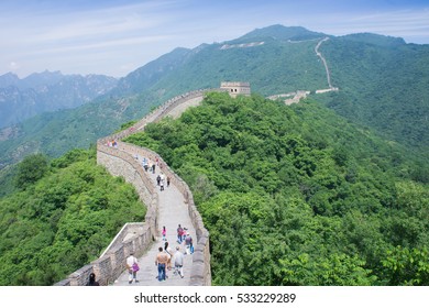 Great Wall Of China And Mountains In The Fog.