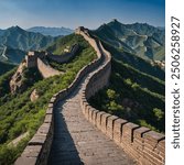 The Great Wall of China, snaking across rugged mountains under a blue sky.