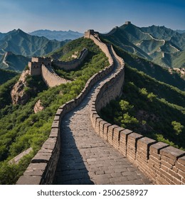 The Great Wall of China, snaking across rugged mountains under a blue sky. - Powered by Shutterstock