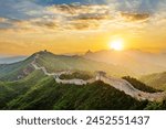 The Great Wall of China at sunset. Famous travel destinations in China.