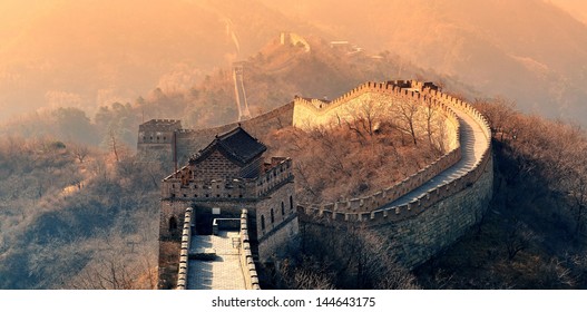 Great Wall in the morning with sunrise and colorful sky in Beijing, China.
