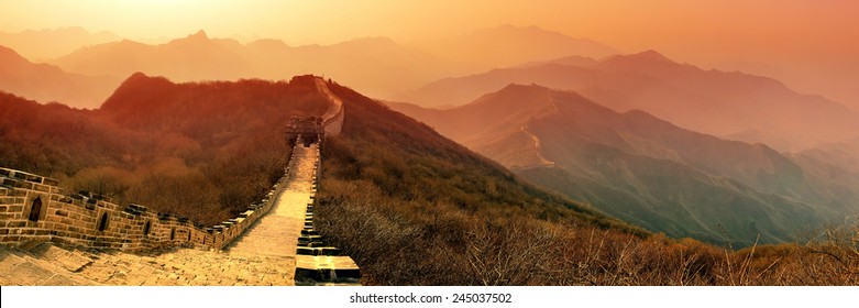 Great Wall panorama in the morning with sunrise and colorful sky in Beijing, China.