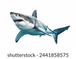 great white shark - Carcharodon carcharias - full view while swimming, face and teeth visible isolated on white background all fins and gills showing