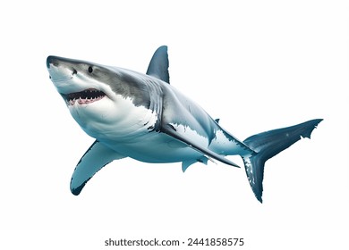 great white shark - Carcharodon carcharias - full view while swimming, face and teeth visible isolated on white background all fins and gills showing