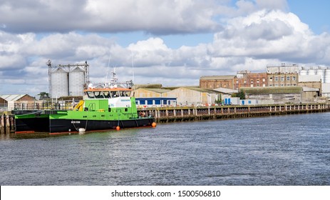 Great Yarmouth, Norfolk, UK – September 08 2019. Green Storm Catamaran Moored Up In Yarmouth