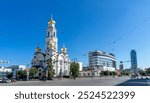 Great Zlatoust Church or Bolshoi Zlatoust.  Orthodox church is bell tower in name of St. Maximilian, Yekaterinburg, Russia. Vertical image.