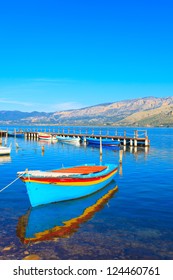 Greece Aitoliko, traditional fishing boat in sea lake in Central Greece