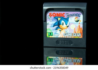 Greece, Athens August 7 2022. Video Game Cartridge, Sonic The Hedgehog On Black Background With Reflection.