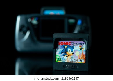 Greece, Athens August 7 2022. Video Game Cartridge, Sonic The Hedgehog On Black Background With Reflection.