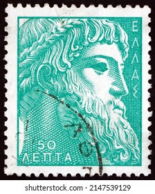 ギリシャ – 1959年頃：ギリシャで印刷された切手は、イスティアアのゼウス、空と雷の神、神々の王、古代ギリシャの宗教、1959年頃を示しています