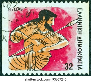 GREECE - CIRCA 1986: A stamp printed in Greece from the "Gods of Olympus" issue shows god Ares, circa 1986.