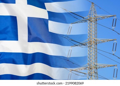 Greece flag on electric pole background. Power shortage and increased energy consumption in Greece. Energy development and energy crisis in Greece - Powered by Shutterstock