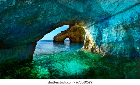 Greece, The island of Zakynthos. One of the most beautiful blue caves in the world. The Ionian Sea.  Blue caves of the island of Zakynthos