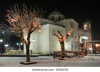 Greece. Meteora. Kastraki Village. Eve Of The Epiphany Decoration Of The Snow-covered Church At Night